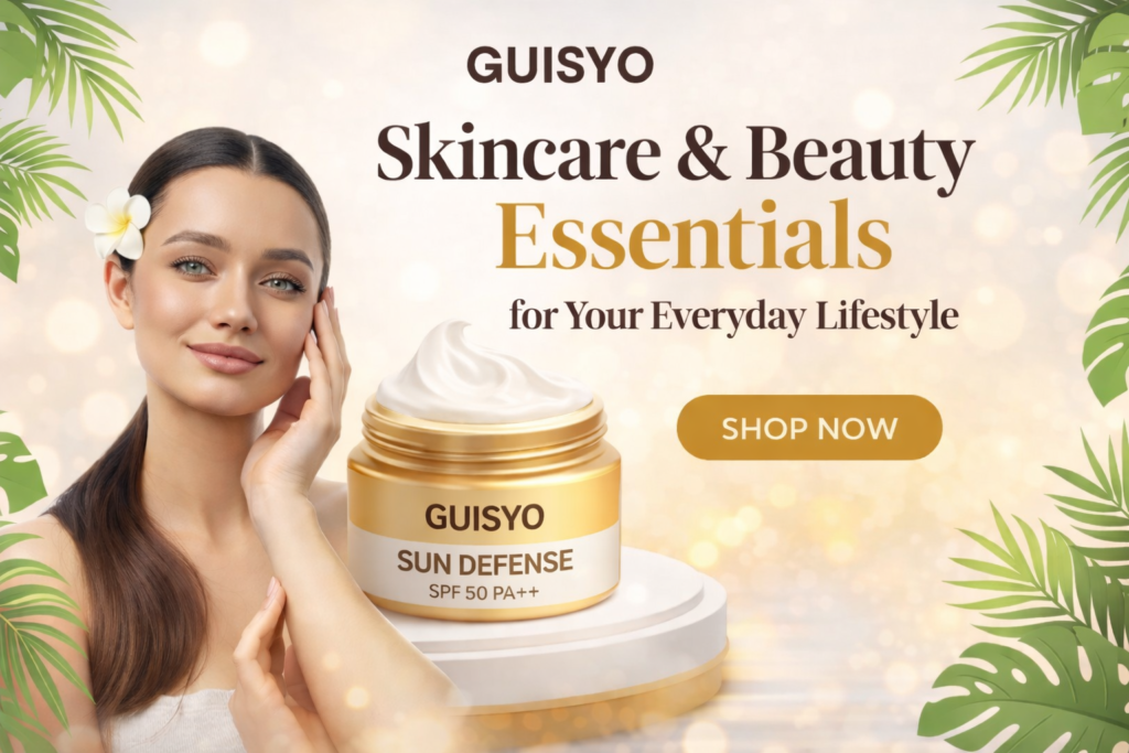 Guisyo Sun Defense SPF 50 PA++ skincare cream with model promoting skincare and beauty essentials for everyday lifestyle.