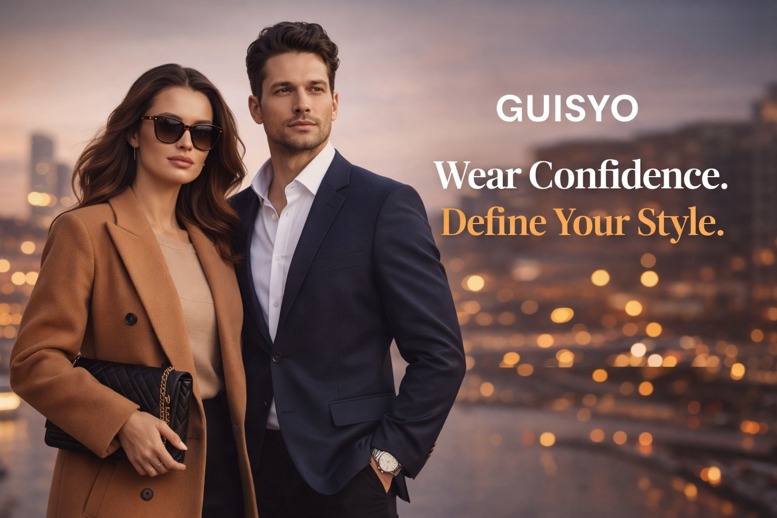 Guisyo fashion collection featuring stylish man and woman promoting modern lifestyle clothing and accessories.