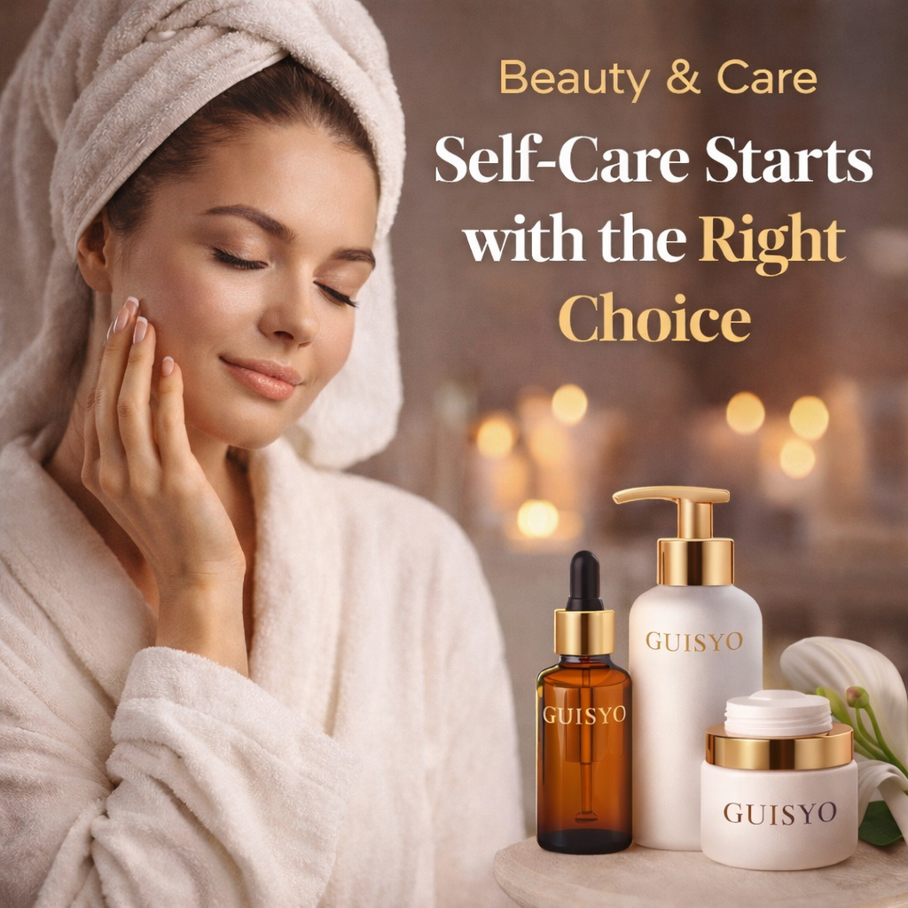 Guisyo beauty and skincare products with woman promoting self care skincare routine and beauty essentials.